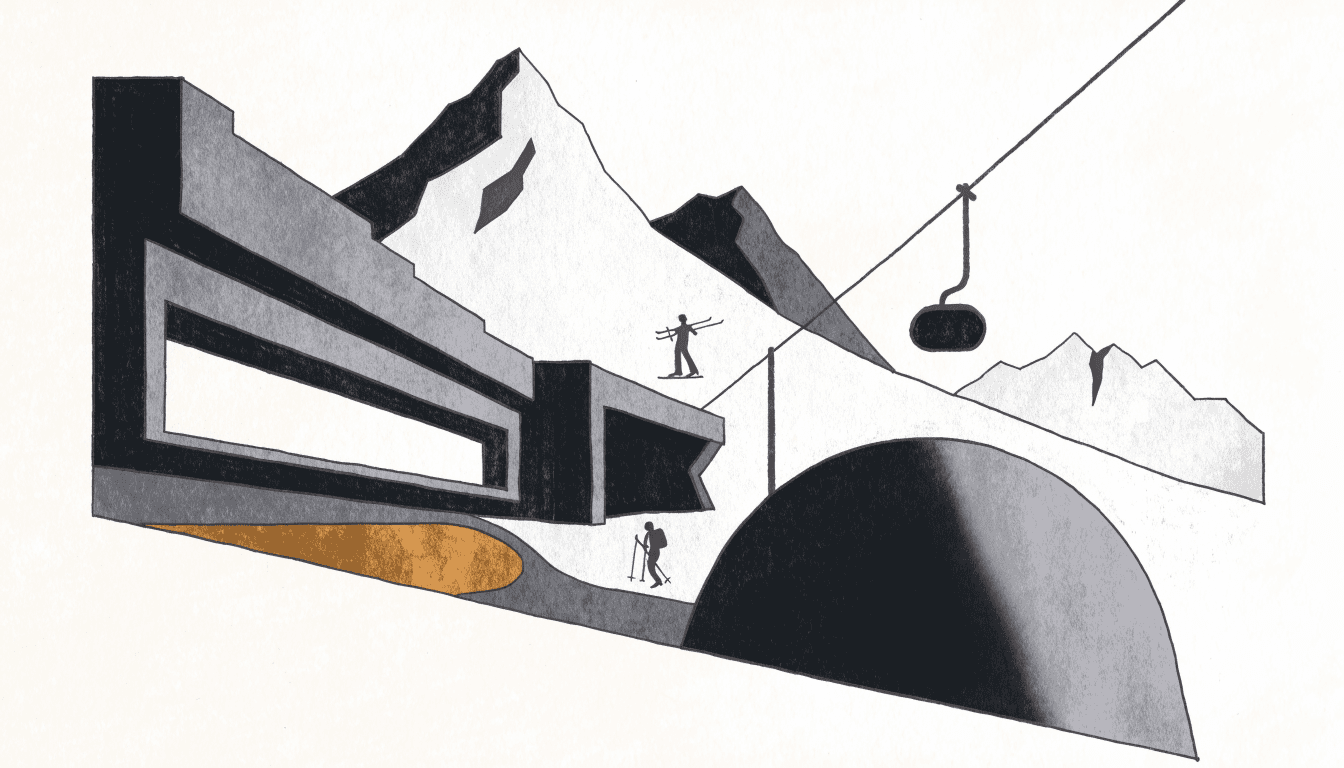 A warm editorial illustration of a playful ski-in/ski-out alpine hotel beside a gondola base station, with snow-capped peaks and skiers in silhouette.