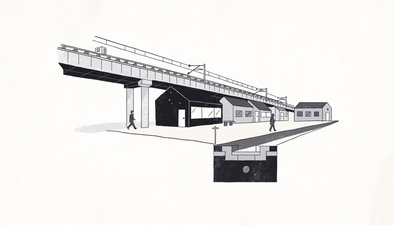 Editorial illustration of a small retail strip built into an elevated railway viaduct, with a convenience store and a few shops beneath the tracks.