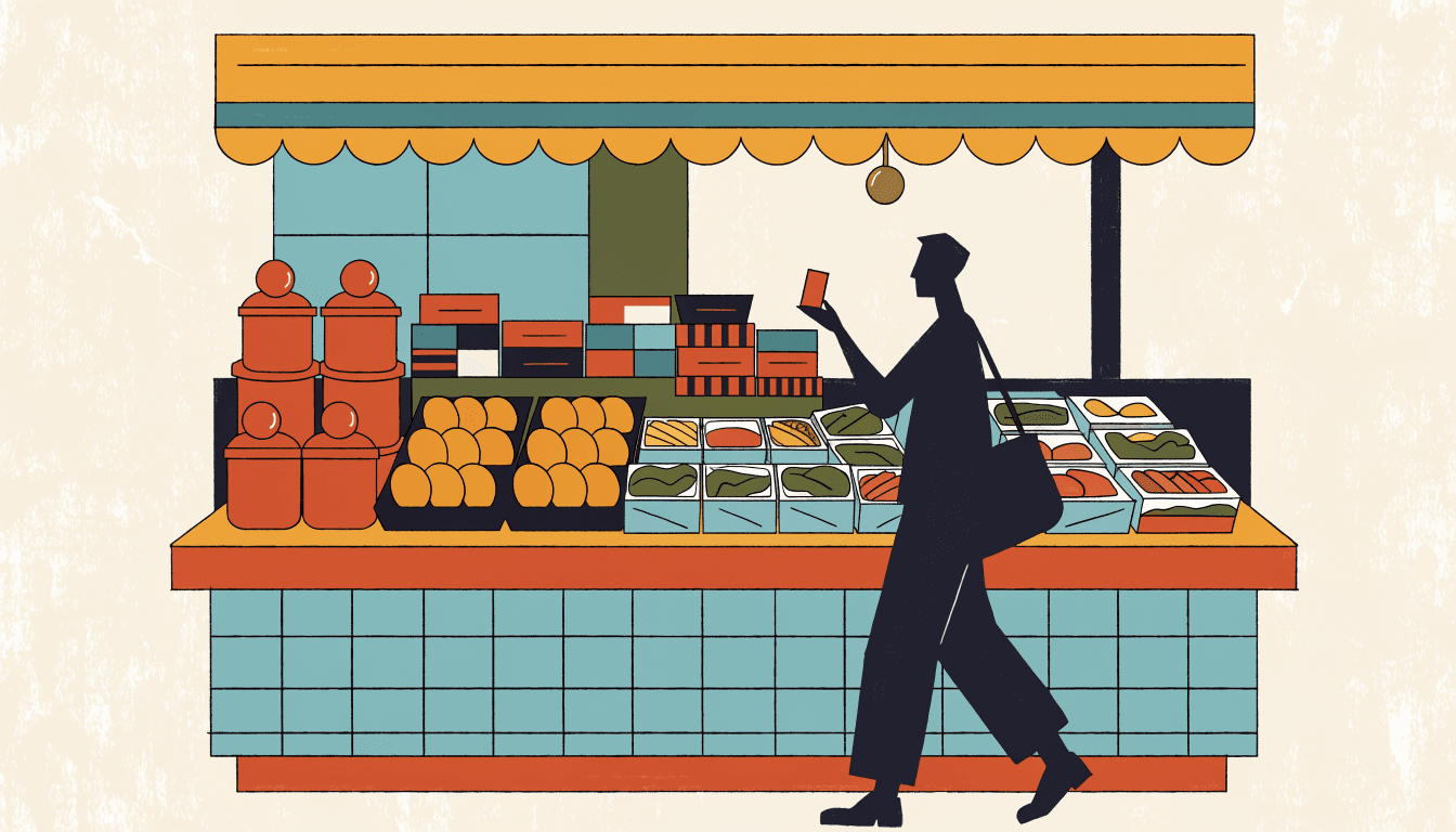 Illustration of an abundant department-store food-fair counter piled with regional delicacies and wrapped bento boxes, a shopper silhouette reaching for a sample