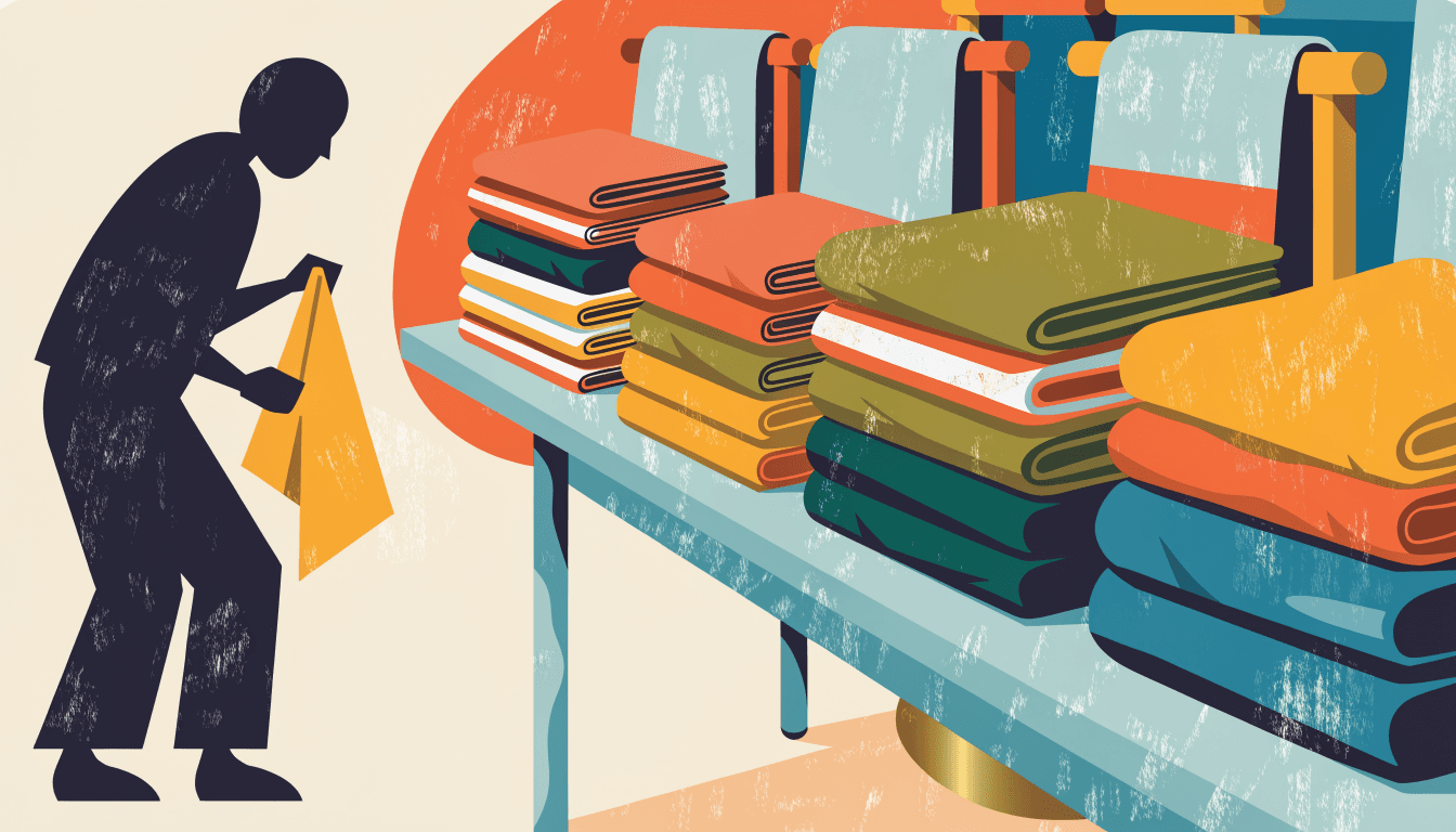 Illustration of a department-store event hall with soft knitwear displayed on simple wooden racks and a silhouette folding fabric