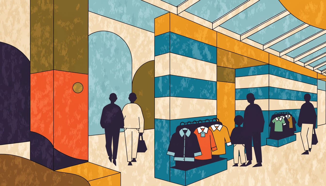 Editorial illustration of a bright, playful children's clothing boutique storefront inside a modern Chinese shopping tower, pastel-coloured displays and small garments neatly arranged.
