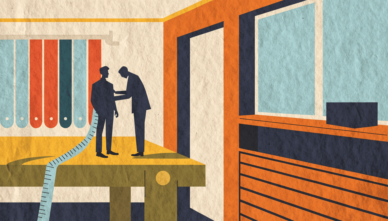 Illustration of a menswear atelier corner with fabric bolts on a wall rack and a silhouette customer being fitted at a workbench.