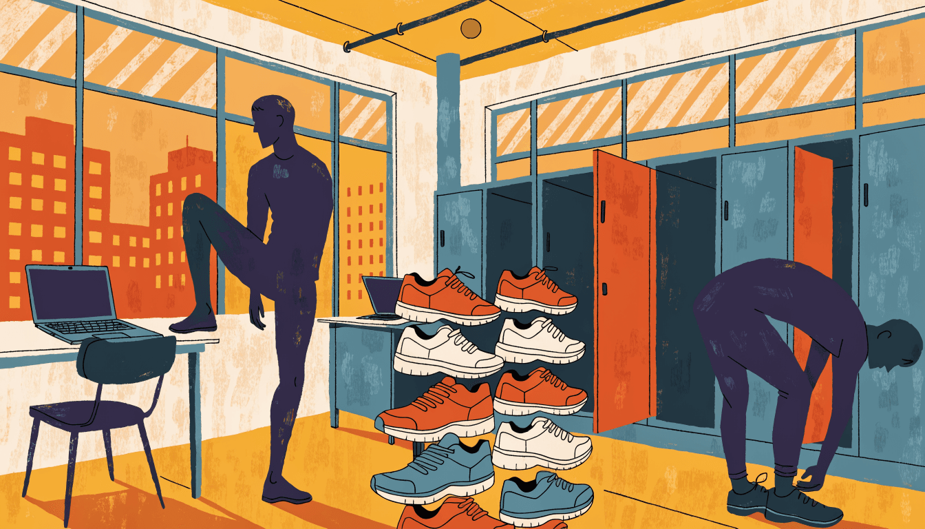 A flat-vector illustration of a co-working space converted into an athletic pop-up, with laptops on desks, a rack of running shoes, open lockers and two silhouetted figures stretching.