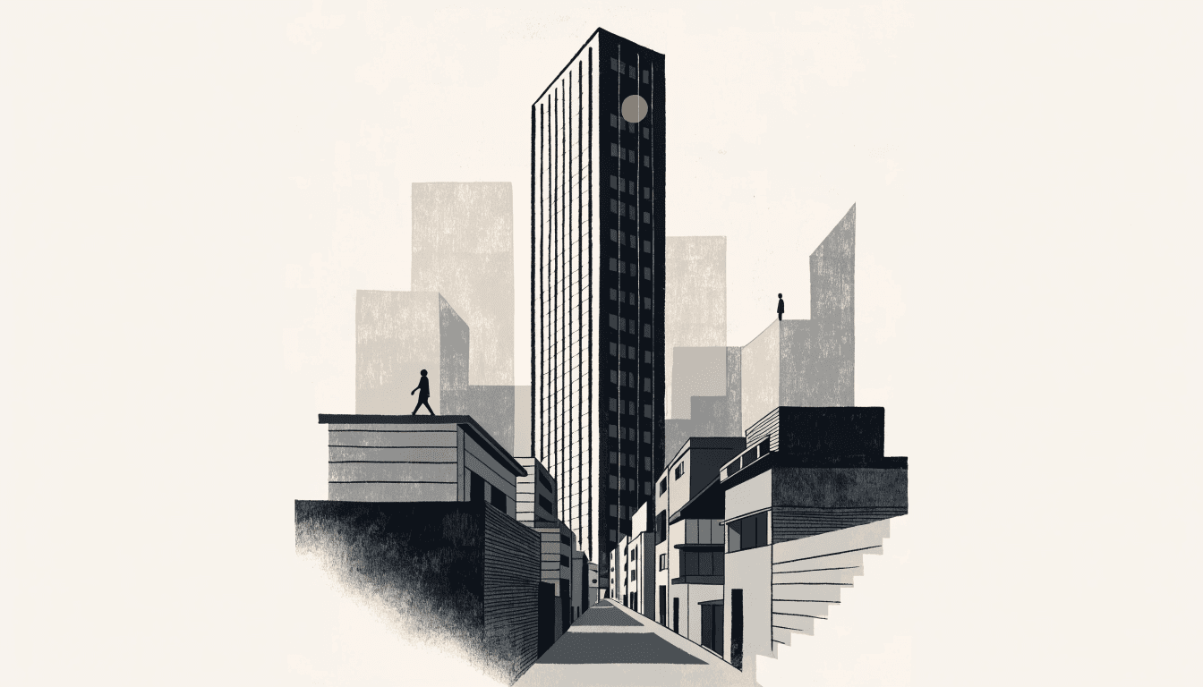 夕暮れの静かな東京の裏通りに立つ、細く高いタワーを描いたフラットベクターのイラスト。手前の屋上をシルエットの人影が行き交う。
