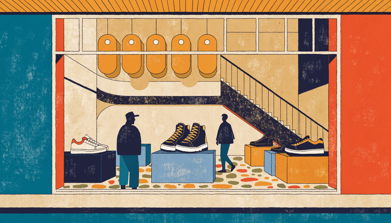 Illustration of a two-floor sneaker boutique interior seen through a tall storefront window, with a staircase and shoe displays on plinths