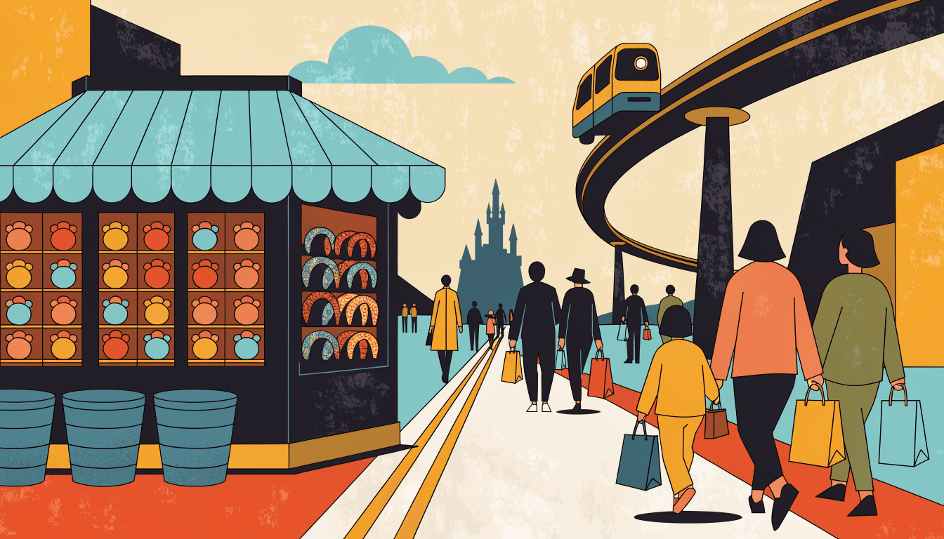 Editorial illustration of a theme-park resort promenade at dusk: a souvenir kiosk, families in silhouette carrying shopping bags, a monorail curving overhead and a castle silhouette in the distance.