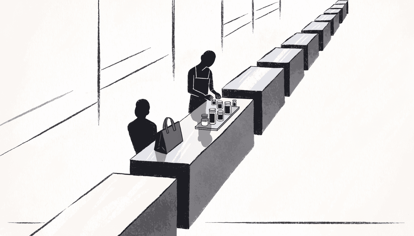 Illustration of a quiet skincare counter viewed along a long diagonal row of department-store counters, with a silhouette advisor and customer