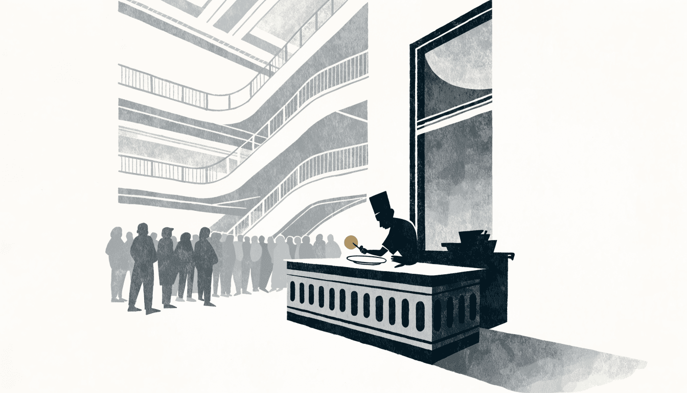 Flat-vector illustration of a department-store atrium with looping escalators, a queue of silhouette shoppers, and a chef silhouette plating a dish at a pop-up counter.
