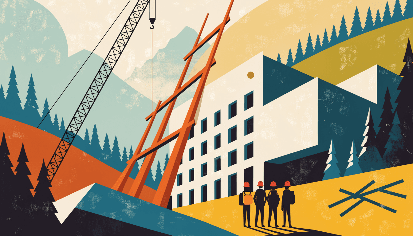 Editorial illustration — a mountain resort hotel under construction amid pine forest and distant peaks, a crane rising against the skyline.
