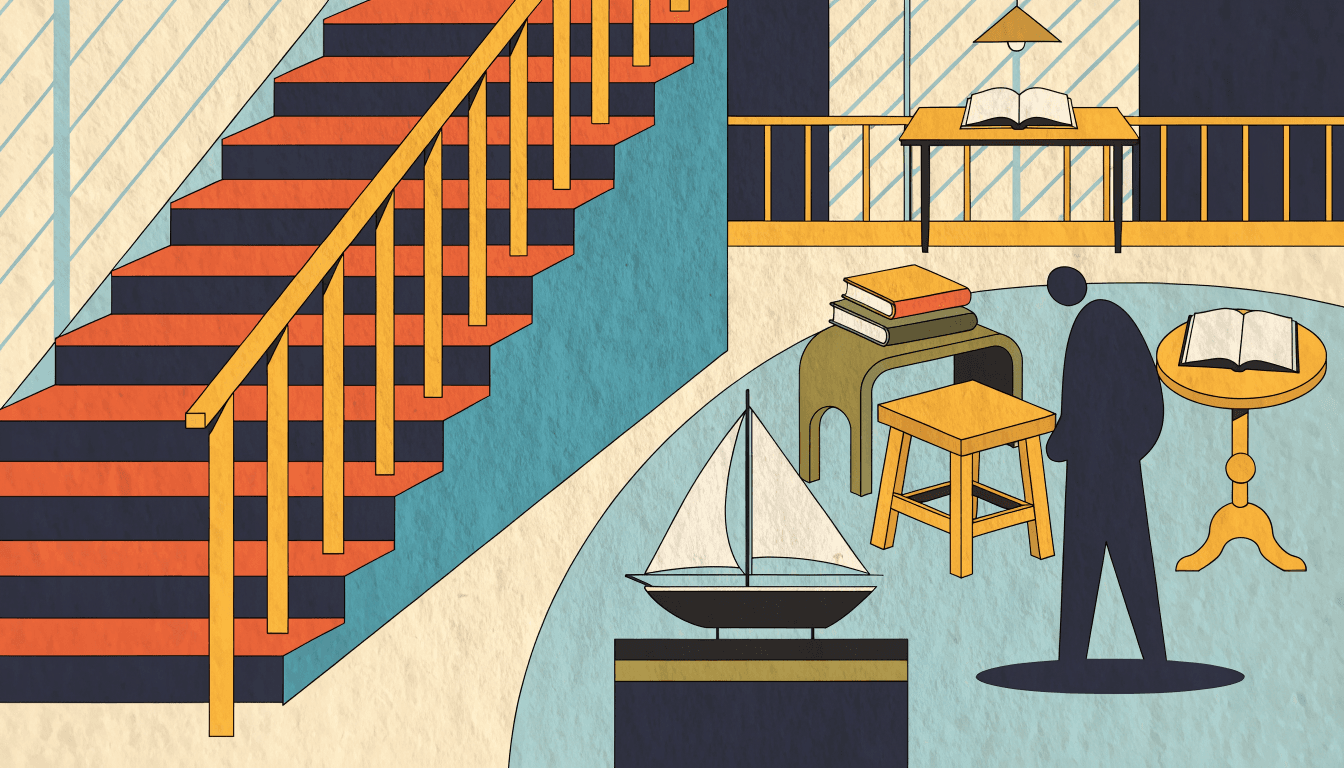 Illustration of a department-store atrium styled like a writer's study, with a small model sailboat and a silhouette browsing handmade wooden furniture