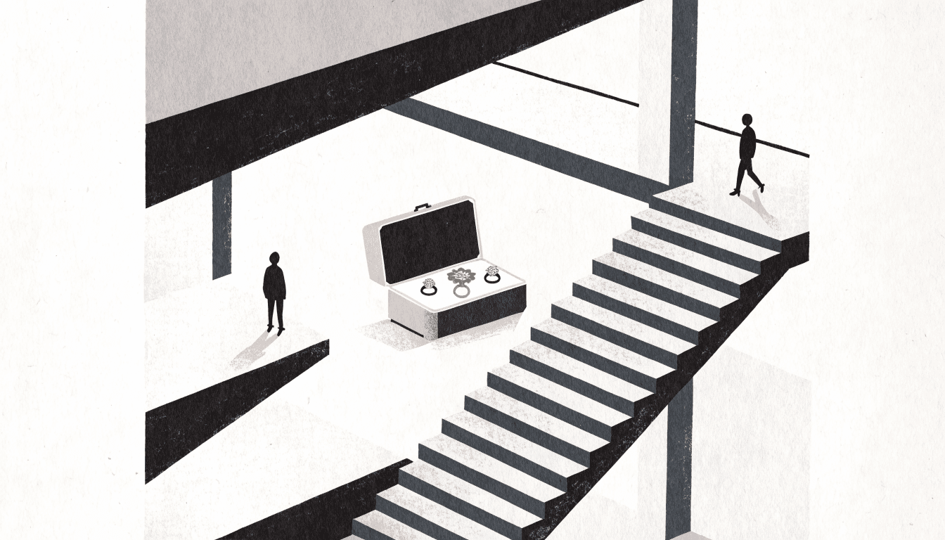 Illustration of an open travel case holding flower-motif rings on a stylised department-store staircase level, with two small silhouette figures.