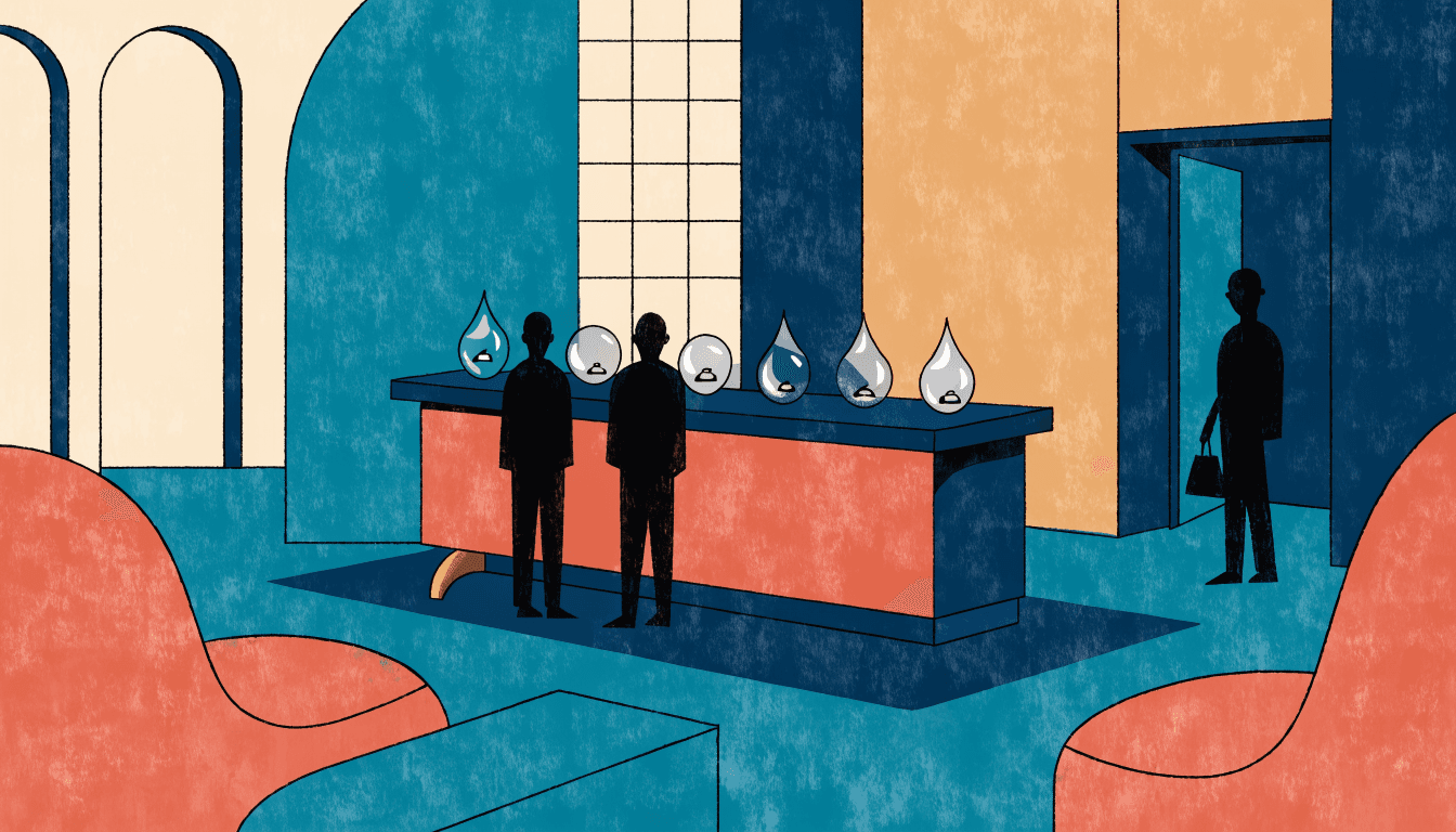 Editorial illustration of a department-store jewellery pop-up counter, small ring displays catching the light, warm autumn accents.