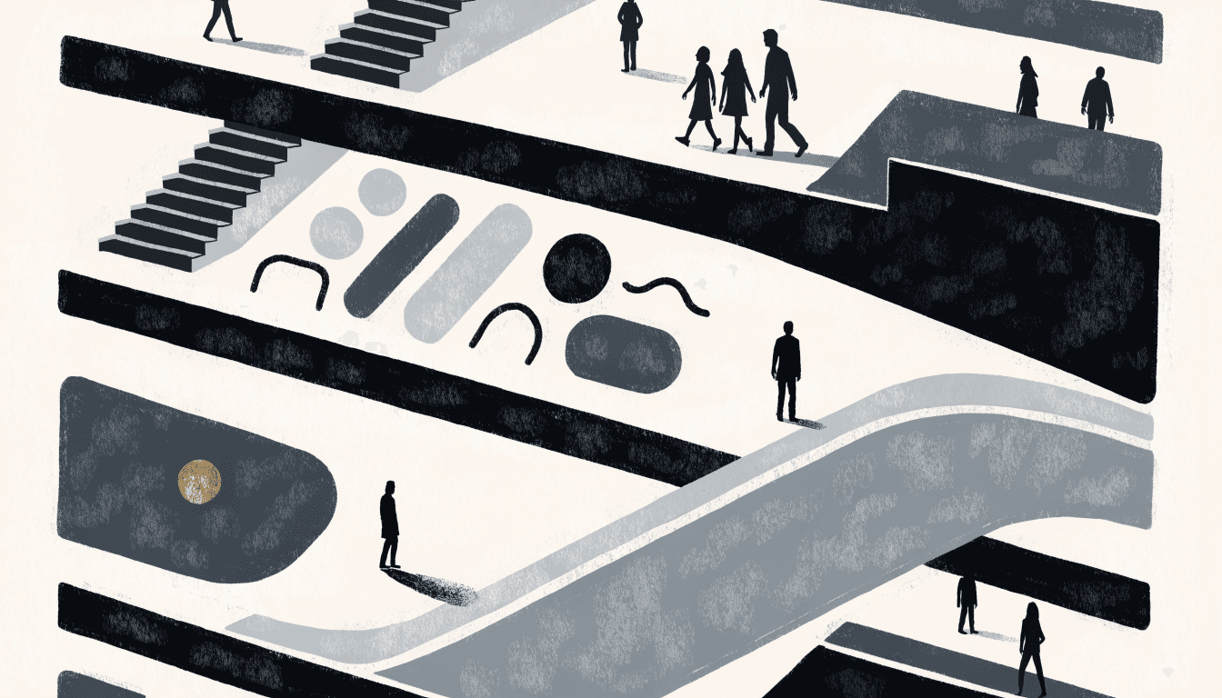 Editorial illustration of a department-store atrium seen from an upper floor, looking down through several levels with shoppers in silhouette and playful abstract shapes suggesting an entertainment zone.