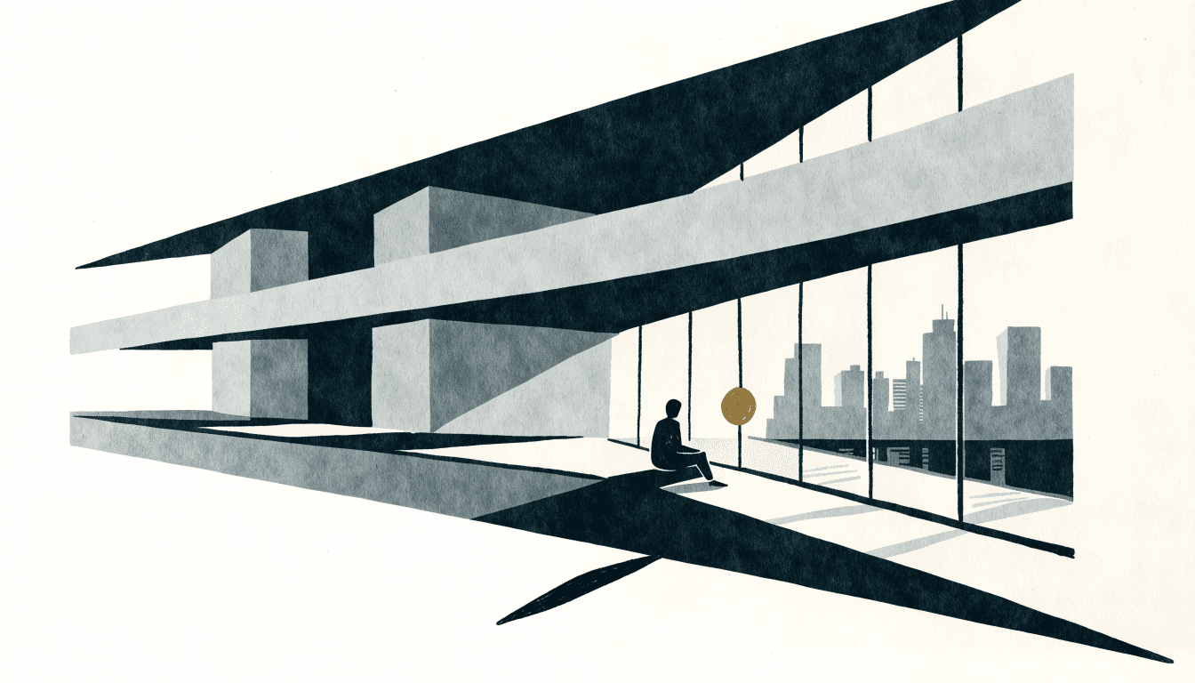 Abstract illustration of a hotel lobby lounge with layered architectural planes overlooking a city skyline at dusk