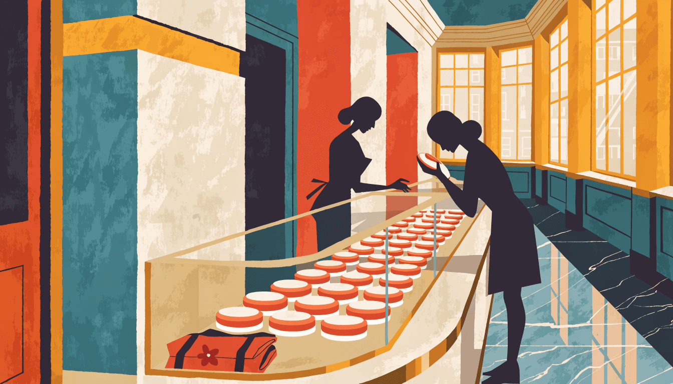 Illustration of a sunlit department-store beauty counter with rows of round powder compacts in a glass case, a silhouette assistant and a silhouette customer