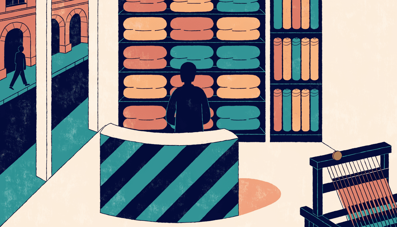 Illustration of a small textile atelier with folded wool fabric and a loom
