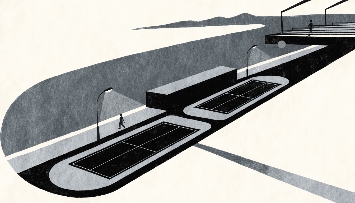 Near-monochrome editorial illustration of an outdoor waterfront sports-court complex at dusk, two courts under streetlamps beside a bay, a lone silhouette figure walking past, one small brass-gold accent.