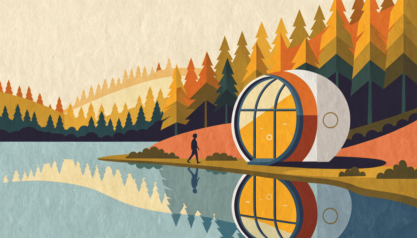 Illustration of a round glass-walled sleeping pod glowing at the edge of a still lake in a Hokkaido forest at dusk, with a silhouette figure approaching along the shore.