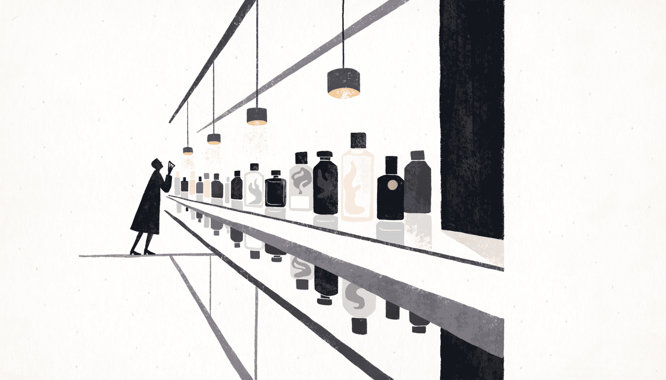 Illustration of a department-store perfume counter at dusk: rows of amber and smoke-toned bottles on a glass shelf, a silhouette figure examining a scent sample, warm lighting from a single pendant lamp.