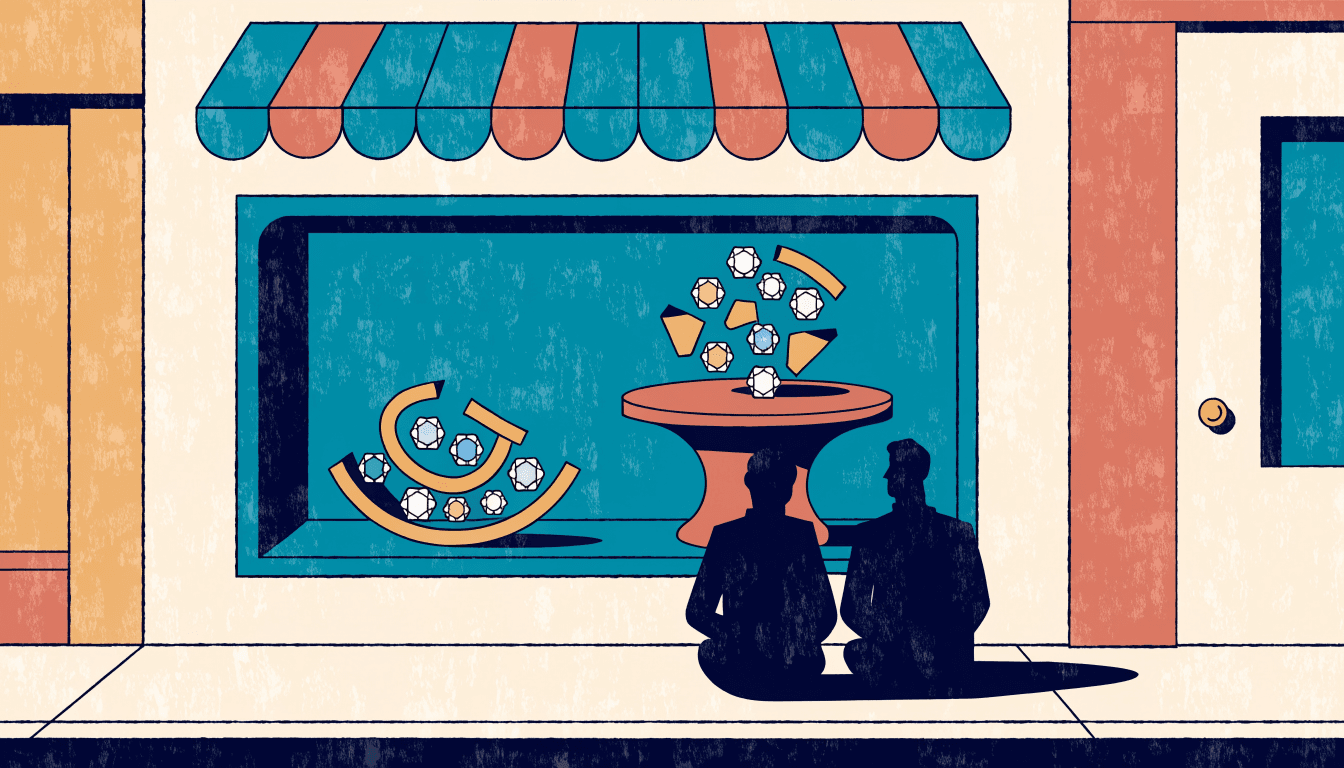 Illustration of a jewellery display case in a Tokyo boutique showing sculptural gold and gemstone pieces