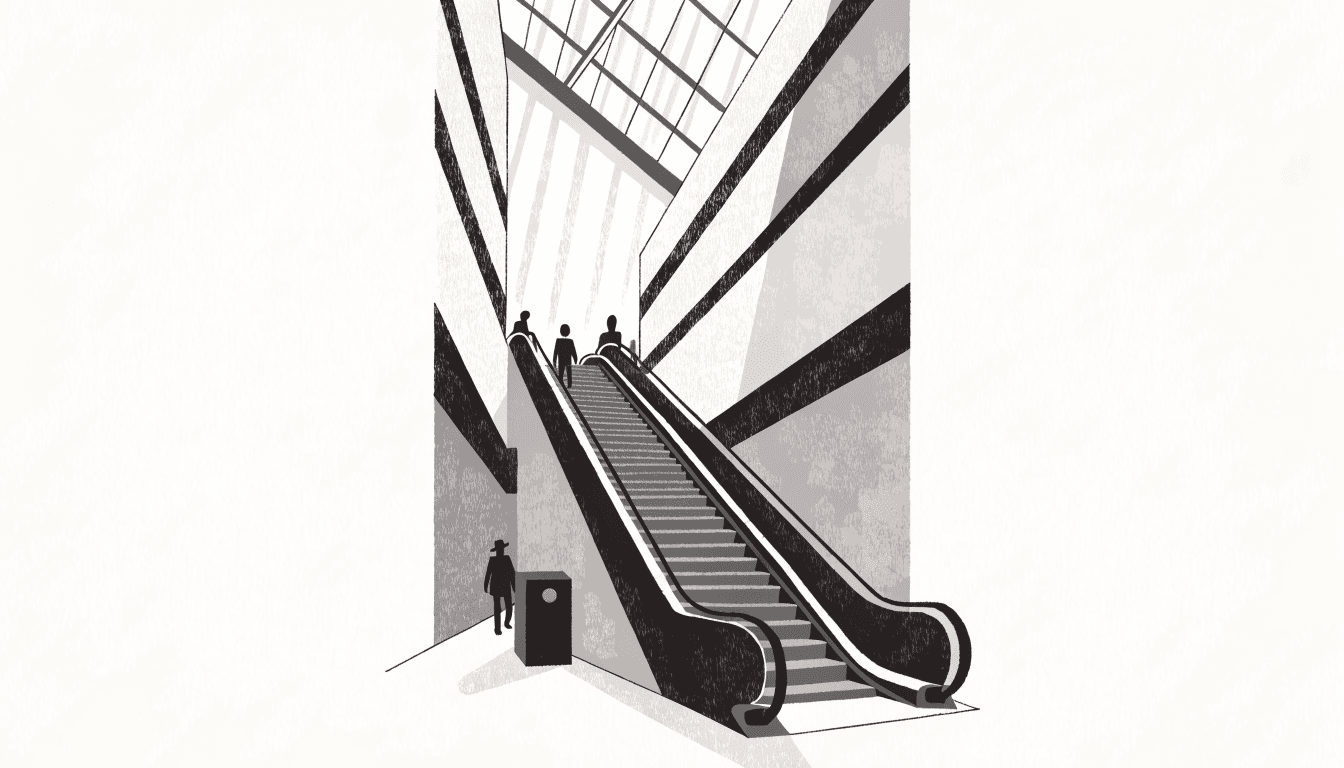 Illustration of a tall glass-roofed department-store atrium with a long escalator rising through shafts of light, a few silhouette shoppers climbing it