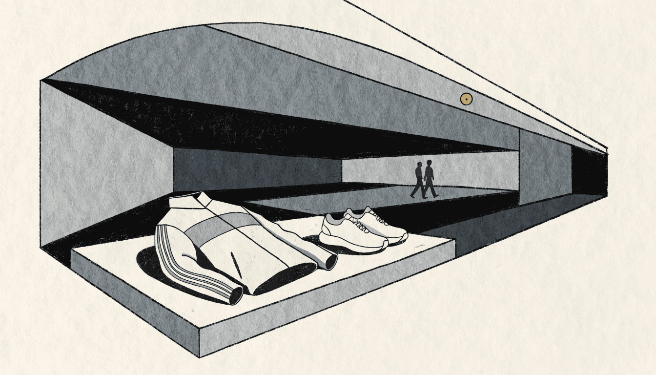 Editorial illustration of a minimalist sportswear display with a track jacket and a pair of sneakers on a plinth, two silhouetted shoppers walking past in the background.