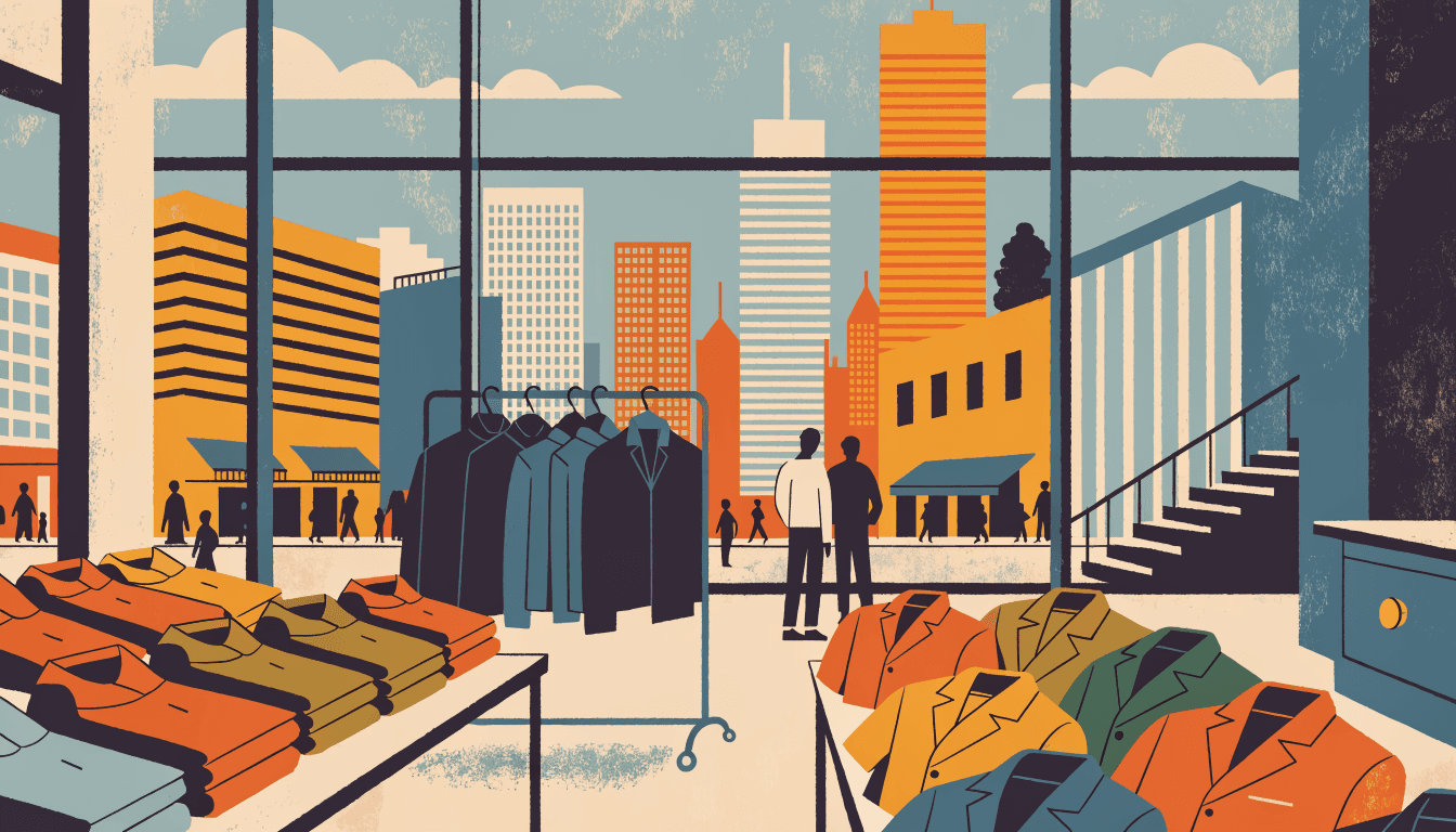 Illustration of a bright menswear floor inside an Asian department store, folded shirts on tables and a rack of jackets, tall windows framing a lively city skyline, warm editorial style.