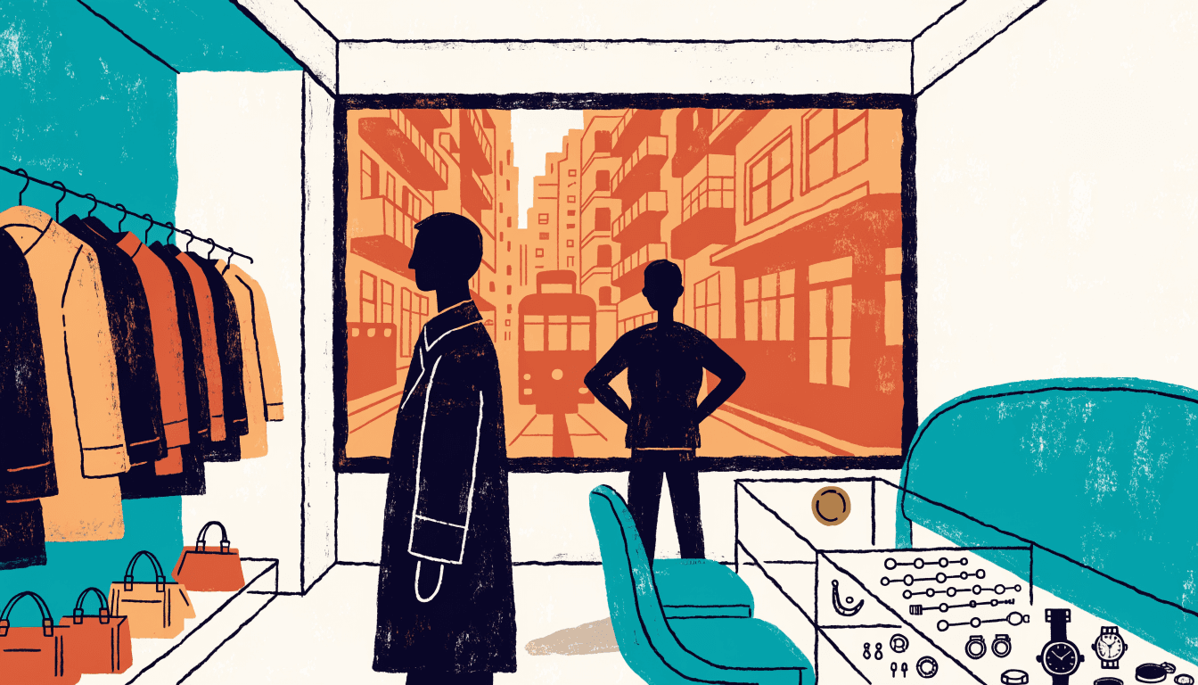 Editorial illustration of a secondhand designer boutique interior with racks of coats and handbags, a jewellery counter, and a shopfront window looking onto a Hong Kong tram street