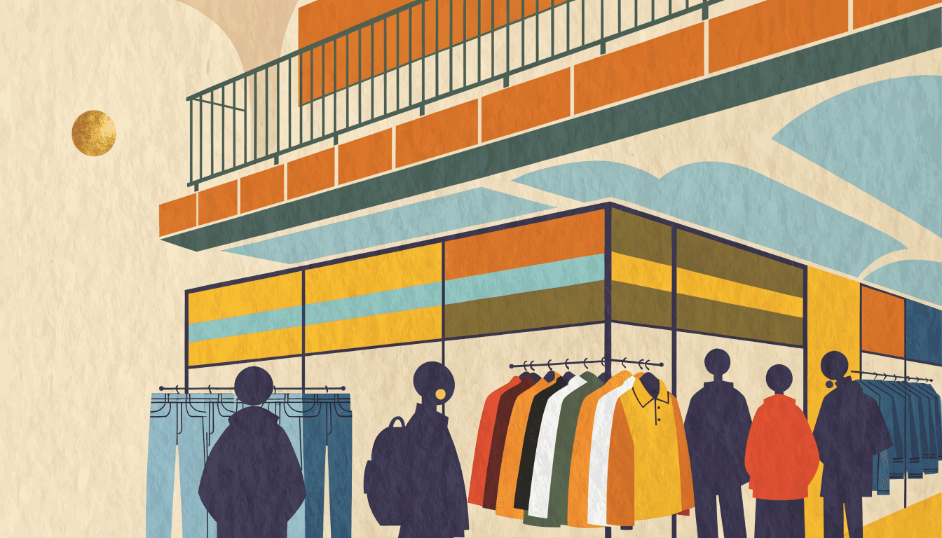 Editorial illustration of a vintage clothing market inside a Harajuku building, racks of jackets and a crowd browsing.