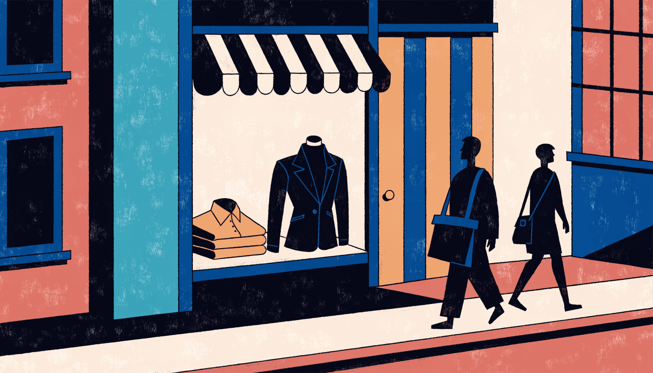 A menswear boutique storefront window with a folded shirt and blazer on display, two silhouetted shoppers passing by in the evening light