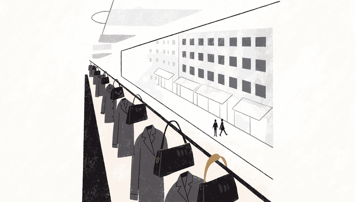 Illustration of a narrow select-shop interior with a diagonal rail of coats and bags, looking through a window toward a department store across the street