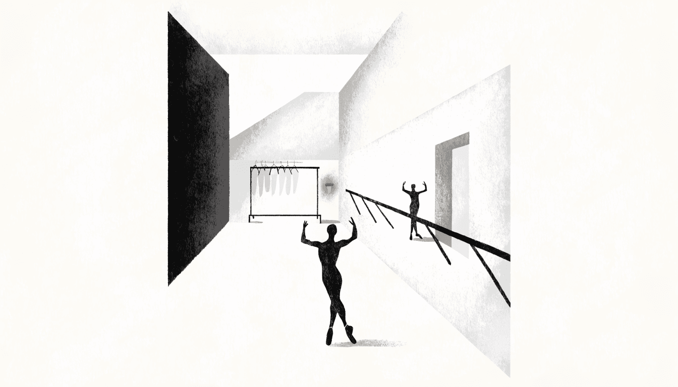 A calm near-monochrome editorial illustration of a department-store atelier corner with a ballet barre, a rack of dancewear, and two silhouetted figures in poised dance stances.