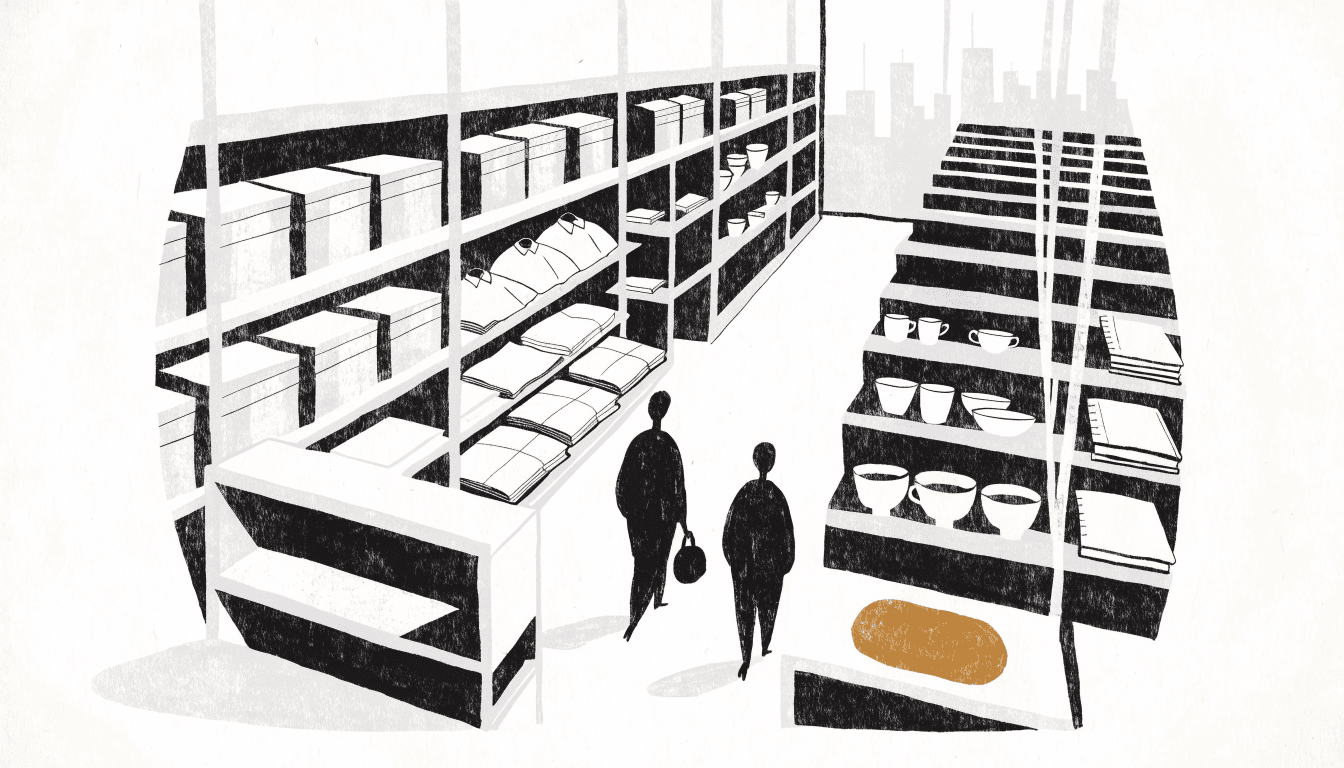 Illustration of a calm, minimal lifestyle store with pale wood shelving of plain boxes, folded shirts and white ceramics, two silhouette shoppers in the aisle and a distant city skyline through the far window