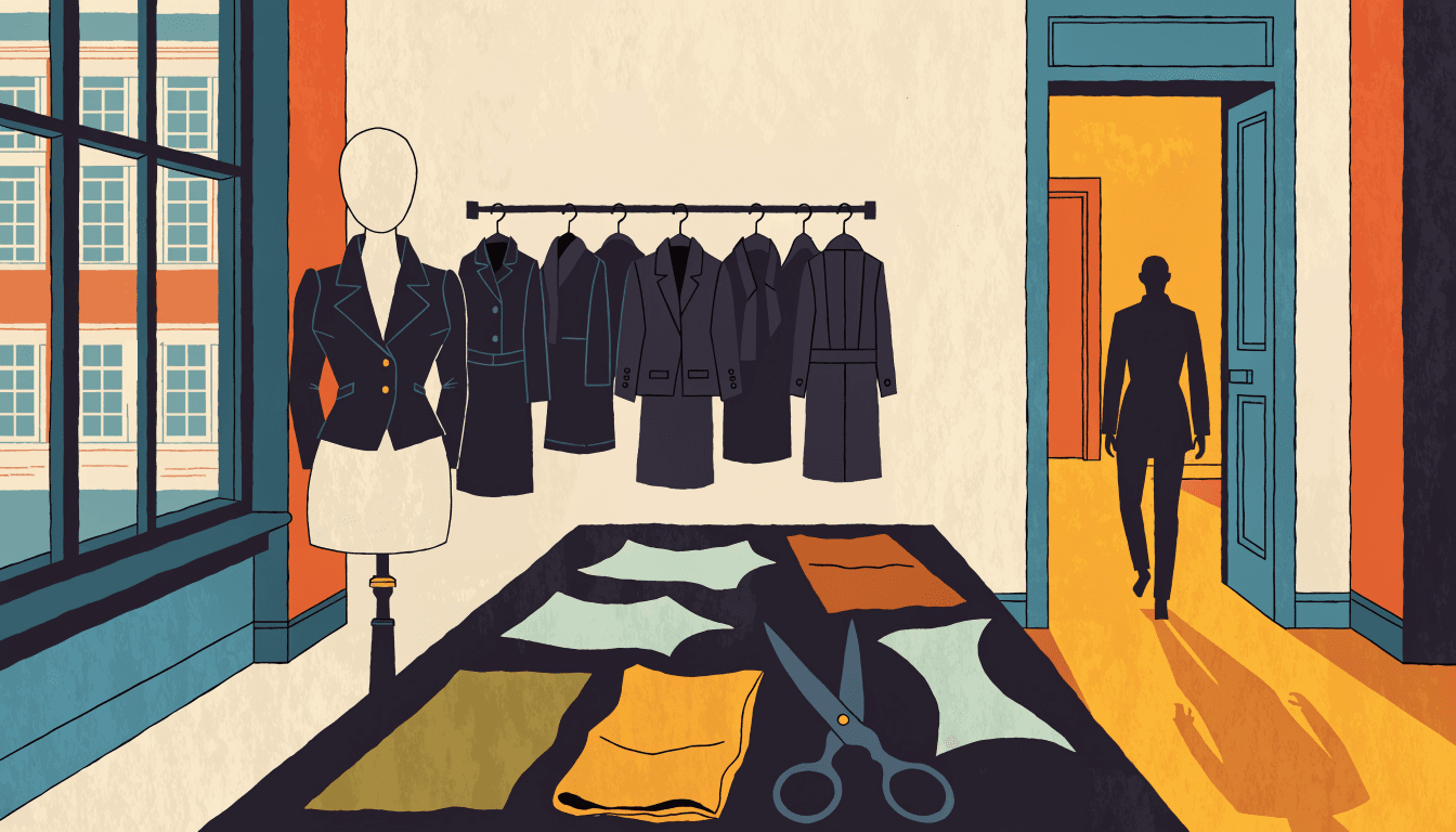 Editorial illustration of a couture atelier after hours: an empty dressmaker's mannequin in a black tailored jacket beside a cutting table of swatches and shears, a rail of black garments, and a silhouetted figure seen from behind walking out through a lit doorway.