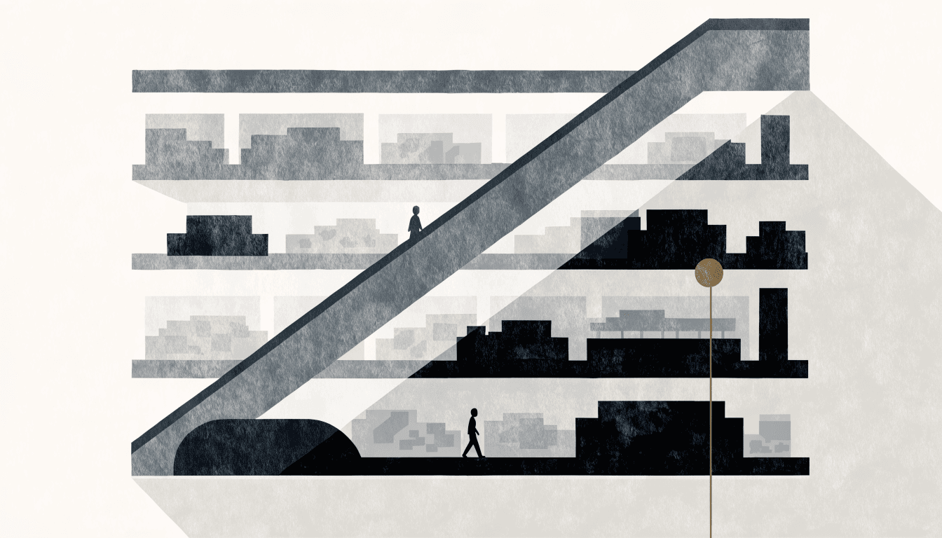 Illustration of a multi-floor department-store interior seen in cross-section, near-monochrome, one or two silhouette figures for scale