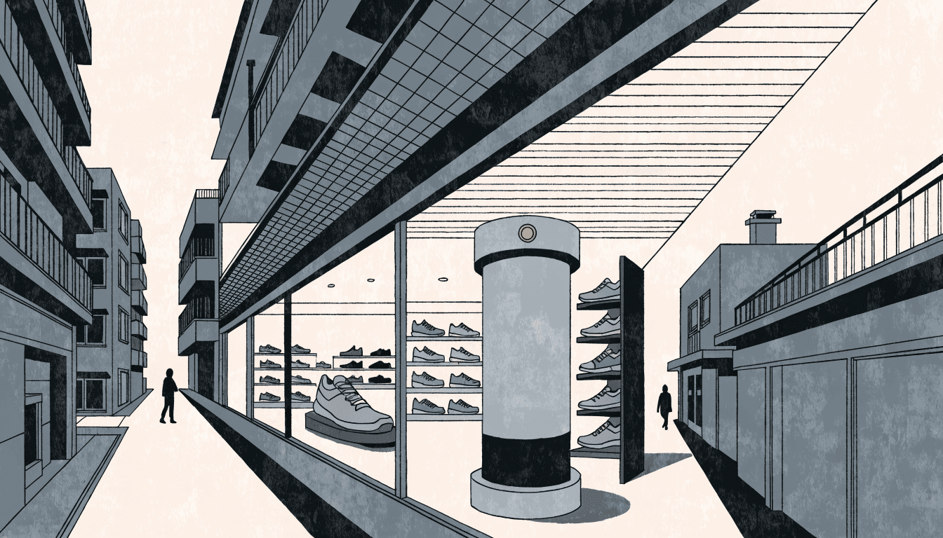 Illustration of a sporting-goods store with a 3D foot-scanning fitting station on a quiet Tokyo street