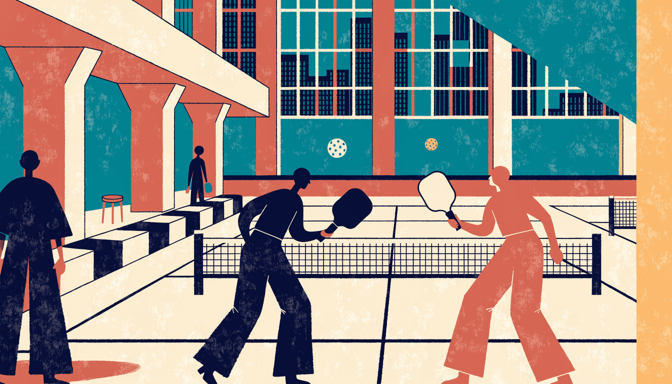 Editorial illustration of an indoor pickleball court venue in Tokyo, with silhouetted players and paddles in a warm cream and petrol-teal palette.