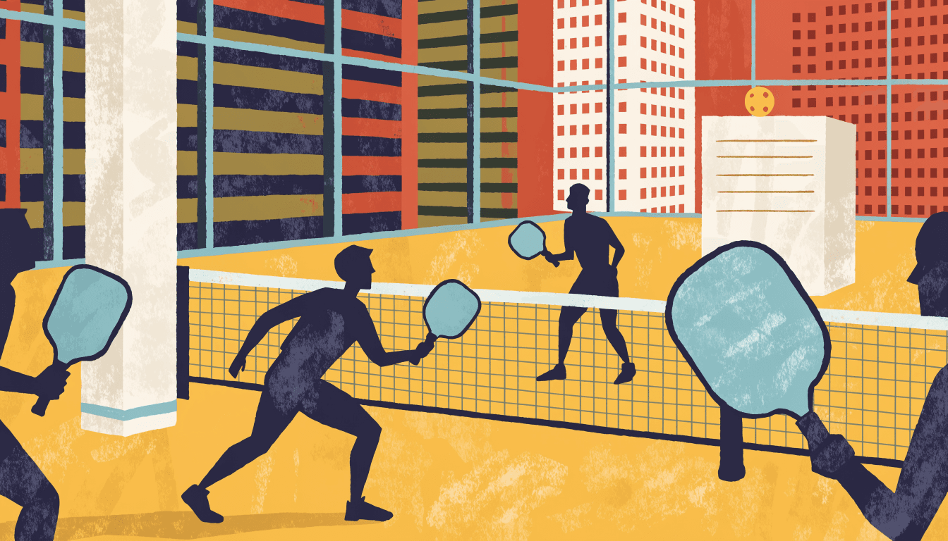 Warm editorial illustration of an indoor pickleball court with silhouette players mid-rally and an office-tower skyline beyond the glass.