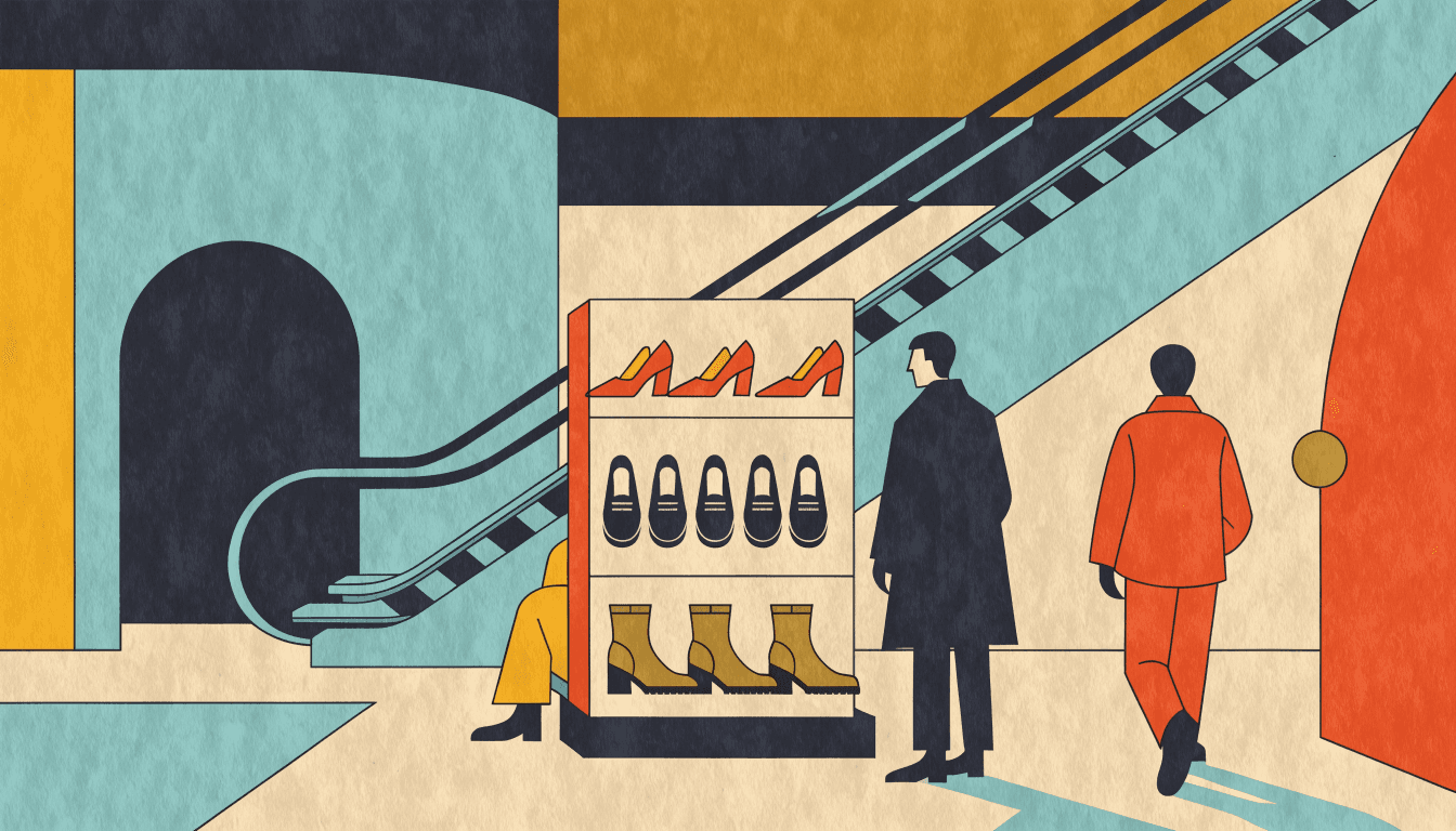 Illustration of a pop-up shoe display of heels, loafers and boots beside an escalator in a Tokyo mall
