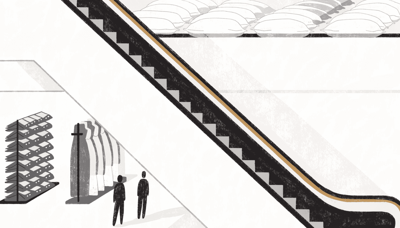 Hybrid near-monochrome editorial illustration of a department-store escalator cutting diagonally between two fashion floors, folded menswear and womenswear racks shown side by side and a bedding display visible in the distance, two anonymous silhouette shoppers, calm warm-paper palette, no text, no logos.