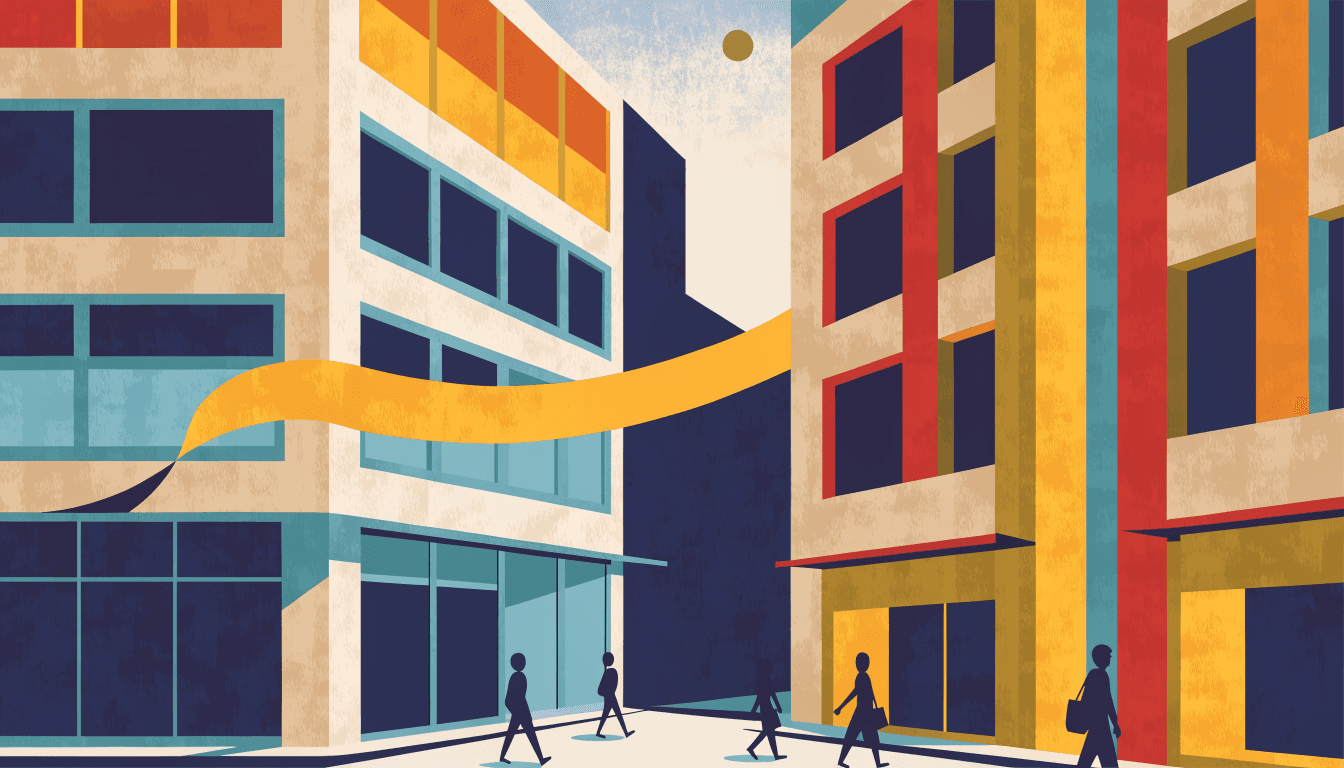 Editorial illustration of two neighbouring department-store facades in Shibuya at dusk, connected by a shared banner or ribbon of light, with small silhouette figures walking between them.