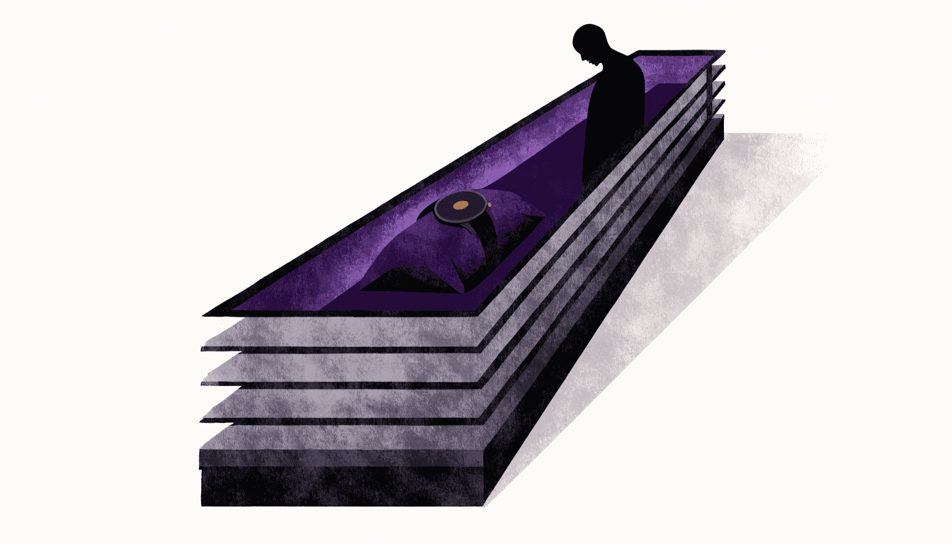 A calm editorial illustration of a wristwatch displayed on a cushion inside a long boutique vitrine bathed in Edo-purple light, a silhouette figure browsing at the far end, near-monochrome tones with a small brass accent, no text or logos.