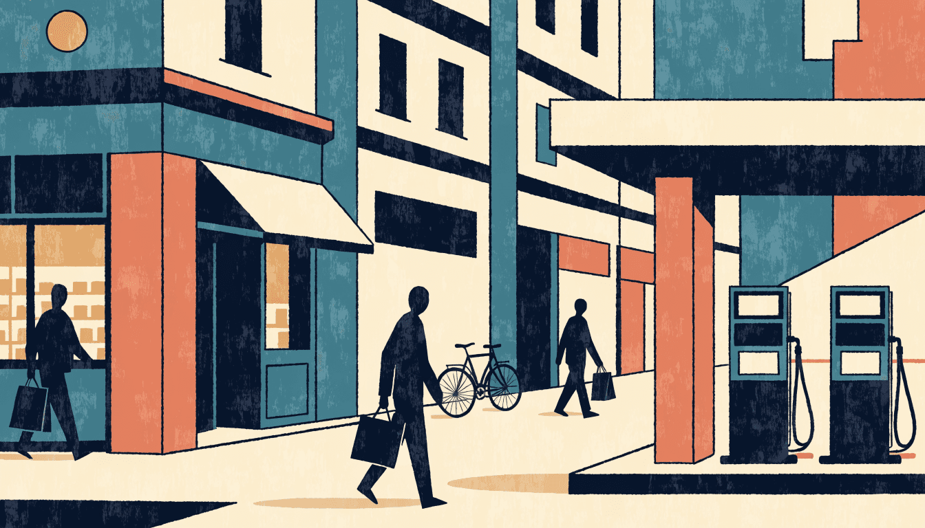 Flat-vector illustration of a convenience-store forecourt and fuel canopy at dusk, with anonymous silhouette figures carrying shopping bags past a lit shopfront and a parked bicycle.