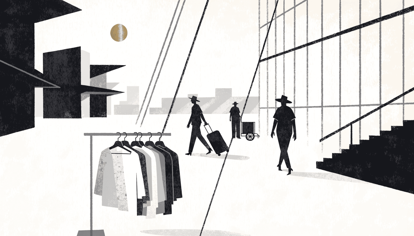 Editorial illustration of a bright value-apparel pop-up shop inside an airport-area shopping mall.