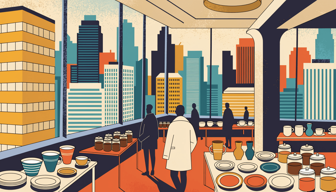 Editorial illustration — a temporary pop-up stall on a high retail-tower floor, ceramic tableware and sauce jars on display tables, a city skyline through the window.