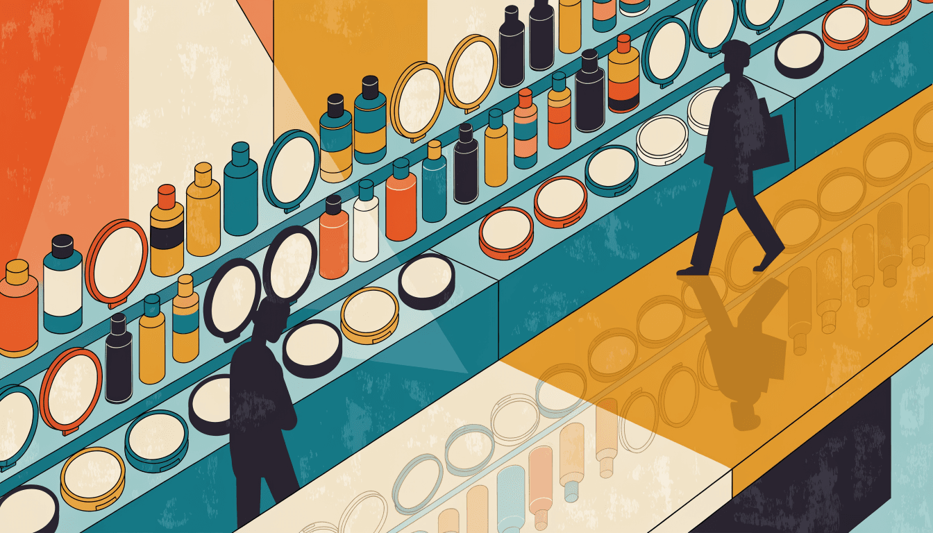 Illustration of a tiered department-store beauty counter with rows of skincare bottles and compact mirrors on glass shelving