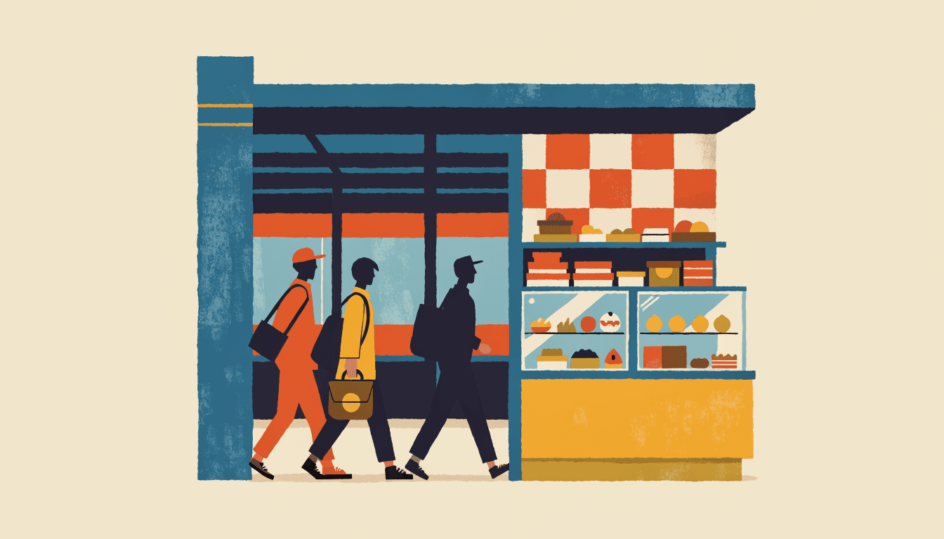 Editorial illustration of a confectionery pop-up counter inside a Japanese train station building, glass cases of sweets as commuters pass by.