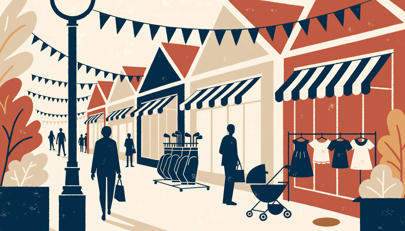 Editorial illustration of an open-air outlet mall promenade with gabled storefronts, striped awnings and pennant bunting, a golf-bag display rack and children's clothing racks outside two shops, and silhouetted shoppers with bags strolling past, in warm editorial colour.