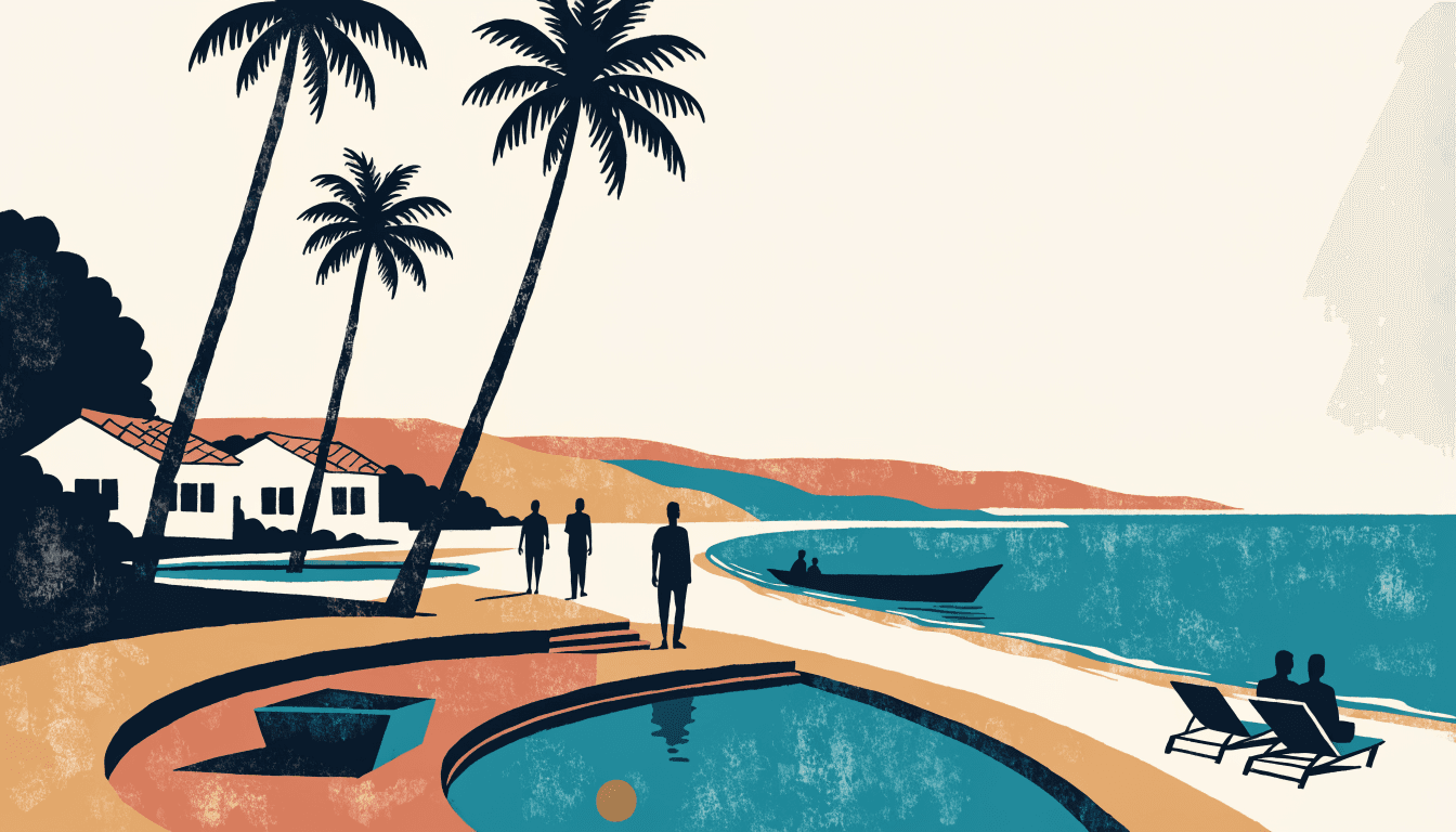 Editorial illustration of a Gulf Coast beachfront resort, with palm trees, a curved pool terrace and low villa rooftops above a calm turquoise bay