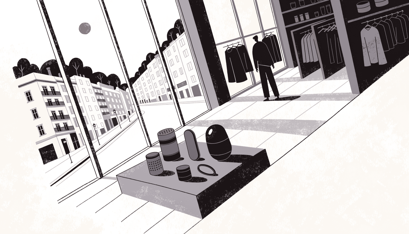 Near-monochrome illustration of a minimalist boutique interior with wellness devices displayed on a plinth near tall street-facing windows.